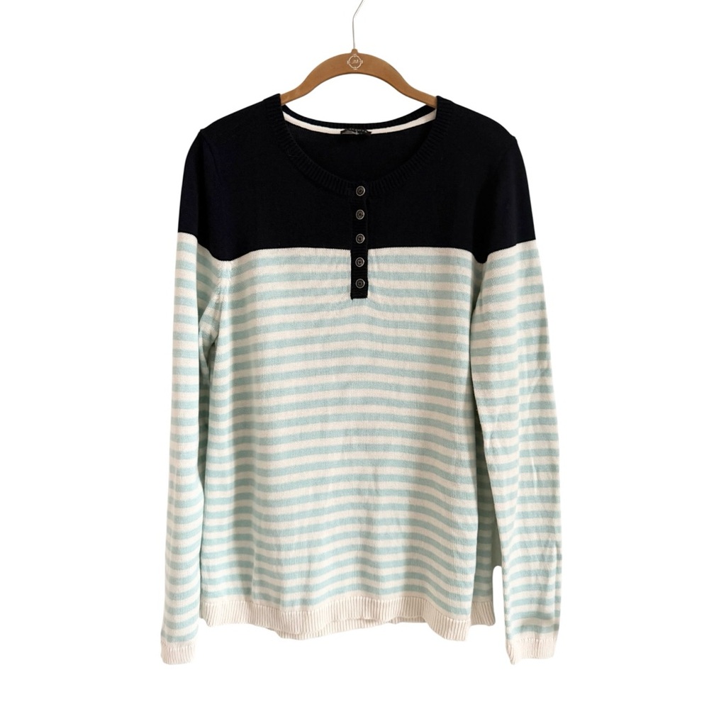 Talbots Striped Cotton Blend Henley Sweater Navy Mint Blue Large Nautical Coast